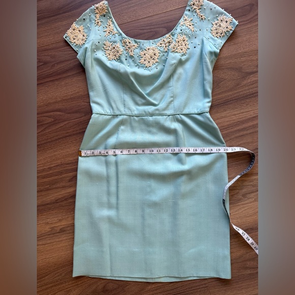 Vintage 50s 60s Baby Blue Hand Beaded Sheath Dress Lace Rhinestone Cocktail M/L - Picture 15 of 16